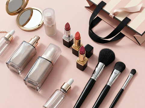 Collection of luxury makeup products and cosmetic brushes on a soft pink background.