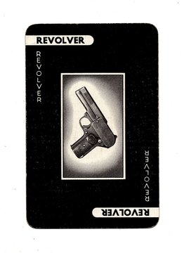 A vintage playing card from the mystery murder board game Cluedo isolated on a white background.