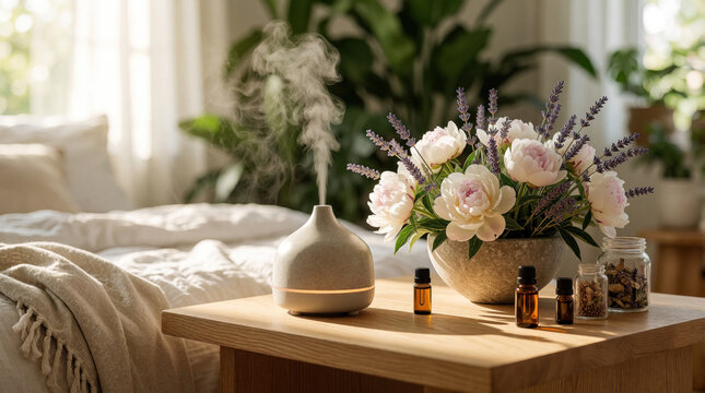Modern aromatherapy diffuser emits mist on wooden bedside table. Essential oil bottles, fresh peony flowers with lavender in vase decorate calm bedroom. Peaceful home spa atmosphere for wellness,