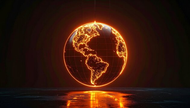 Glowing orange digital globe suspended in dark studio for global connectivity and international business concepts