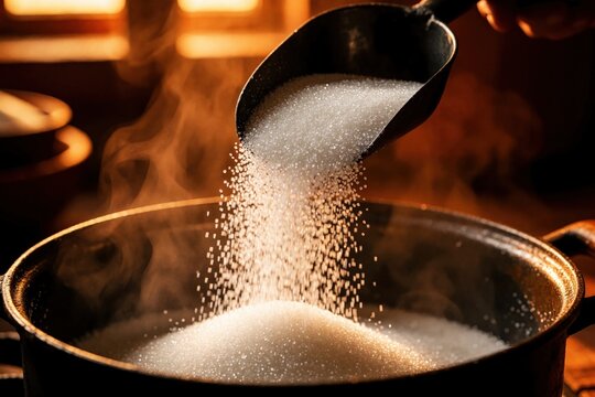 Close up of white granulated sugar pouring from metal scoop into large cooking pot. Hot steam rises from boiling liquid in dark rustic kitchen. Chef prepares sweet syrup dessert base using raw cane