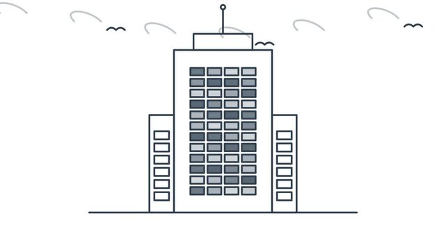 Modern blue skyscraper icon appearing with a smooth pop-up and bounce effect. Clean flat vector style for corporate presentations, business graphics, and architectural concepts.