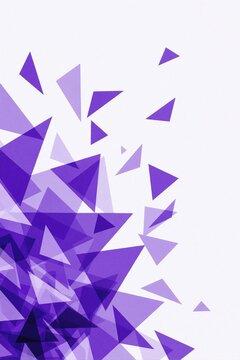 Abstract geometric pattern with purple triangles on white background. Modern graphic design features overlapping transparent shapes for sports jersey mockup. Minimalist textile texture works well for
