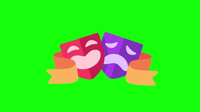 Animated illustration of classic comedy and tragedy masks with a banner on chroma key background