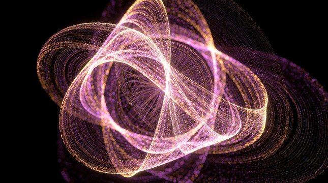 Abstract strange attractor manifold design with glowing particles. Golden, purple light trails form complex swirling loops on black background. Digital motion graphics art shows wavy mathematical