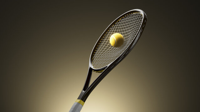 Tennis racket striking yellow ball captured midair with dramatic rim lighting and textured string detail, studio gradient background, energetic sports action composition