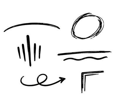 Hand-drawn doodle elements including brackets, arrow, box and wavy line