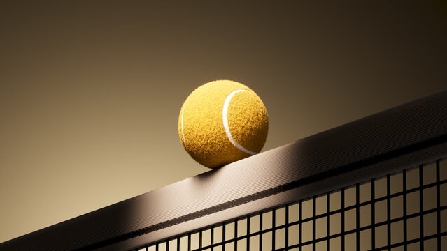Textured yellow tennis ball balanced on top of black tennis net in warm dramatic lighting, close-up sports still life emphasizing felt surface and net mesh detail