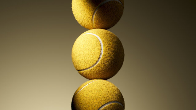 Three yellow tennis balls stacked vertically with textured felt surface and soft studio lighting, closeup detail of seams and shadows on warm neutral background