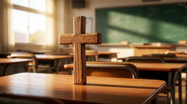 Wooden cross stands on school desk in empty classroom. Sunlight shines through window onto religious symbol. Christian education concept with classroom furniture, chalkboard in background. Faith