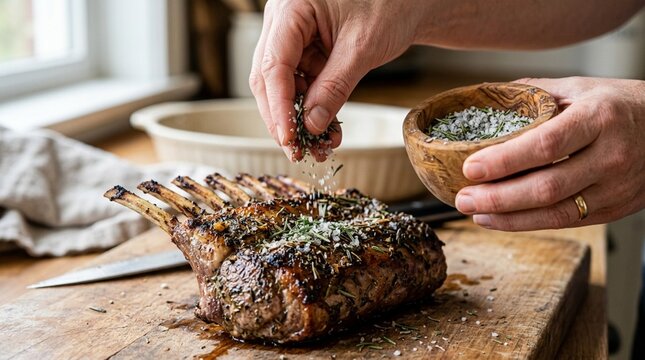 Chef seasoning rack of lamb with herbs and spices on wooden board
