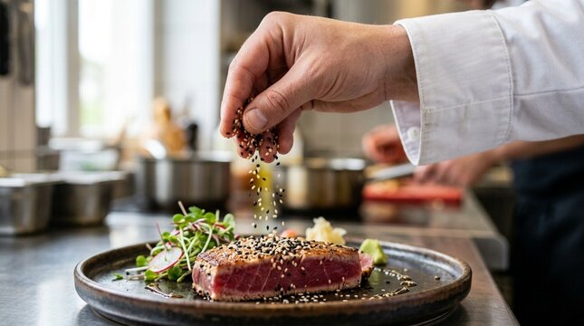 Chef sprinkles sesame seeds on seared tuna steak with fresh greens in kitchen