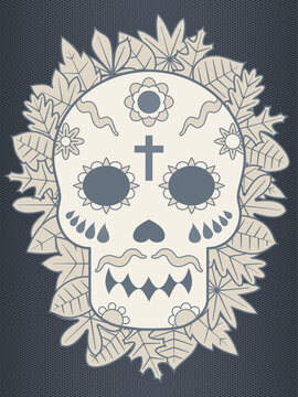 Monochrome halftone sugar skull with flowers and leaves in blue gray