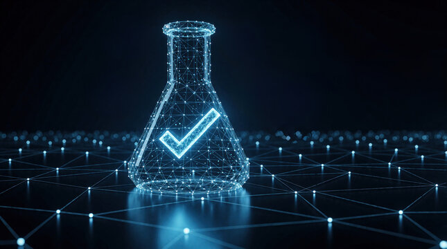 Digital laboratory flask with glowing check mark symbol. Blue hologram science equipment on network grid background. Futuristic concept of chemical research verification, data analysis, medical test
