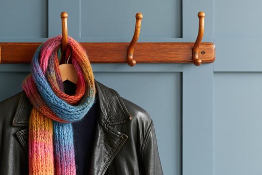 Antique bentwood wall coat rack with colorful knitted scarf and black leather jacket against blue paneled wall, close up still life with warm wooden hooks