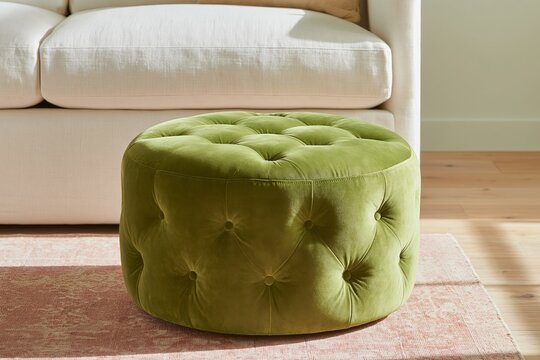 Round olive green velvet button tufted ottoman with plush cushioned top positioned on patterned rug in front of cream sofa, bright contemporary living room interior