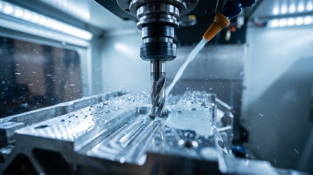 Industrial CNC milling machine processing a metal component with pressurized liquid coolant to ensure precision tolerances and prevent thermal distortion in heavy manufacturing applications