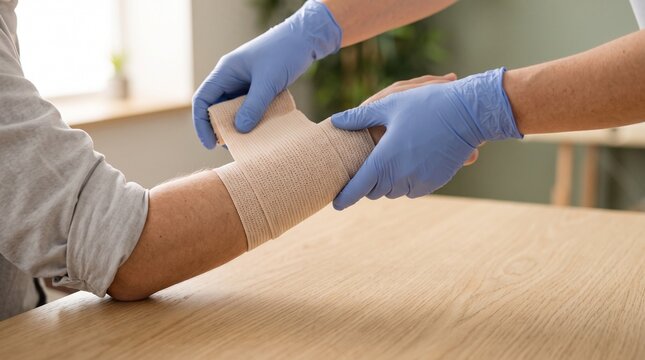 Medical professional wrapping a bandage around the injured arm of a patient with first aid healthcare treatment physician dressing