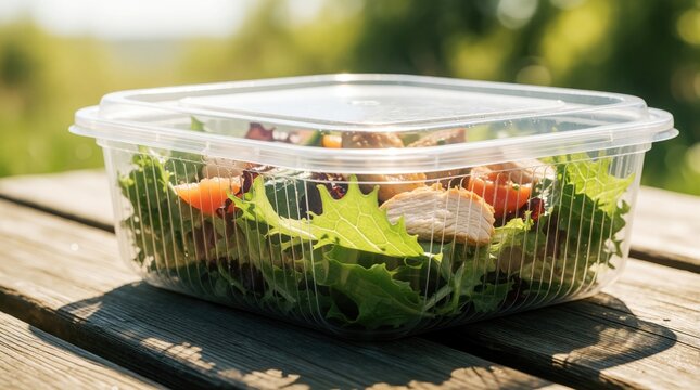 Plastic container with fresh salad sits on wooden table under hot sun. Healthy meal with lettuce, chicken exposed to high temperature. Food safety risk concept shows potential spoilage, bacterial
