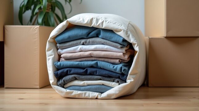 Bolsas de almacenamiento al vac&iacute;o llenas de ropa, apiladas de forma ordenada antes de ser introducidas en cajas de mudanza