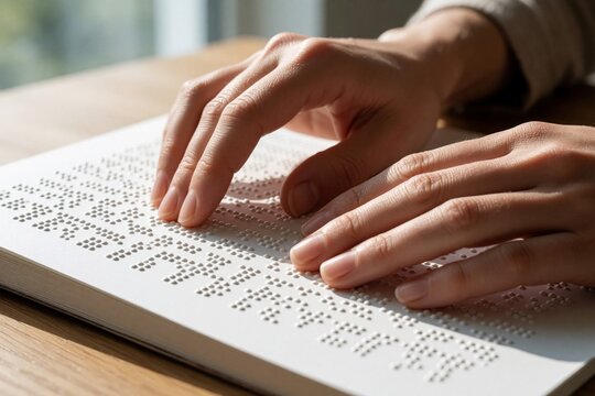 Close up of blind person hands reading Braille text in book. Fingers touch raised dots on white paper to understand written language. Disabled student uses tactile system for education, literacy at