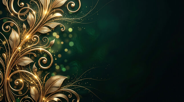 Luxurious golden floral leaves corner frame on dark emerald green background with copy space