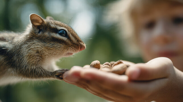 Detailed close-up of a chipmunk reaching toward nuts in a child's open hand, with the child's face softly blurred in the background. Natural light highlights the animal's fur and whiskers.