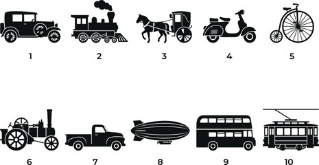 Vintage Transportation Silhouette Set Illustrating Historical Vehicles and Modes of Travel © Shrabon