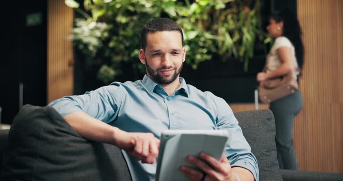 Smile, man or tablet in airport lounge for business, check flight status or layover productivity. Corporate travel, happy person or tech scroll for departure update, work trip agenda or transit lobby