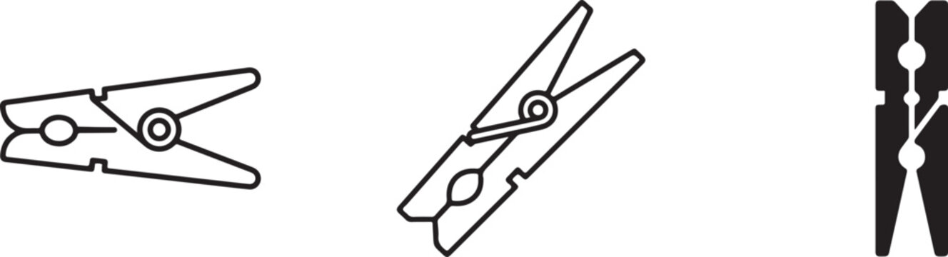 Black outline peg and clothespin icon set, isolated on white for laundry, drying clothes and household use.