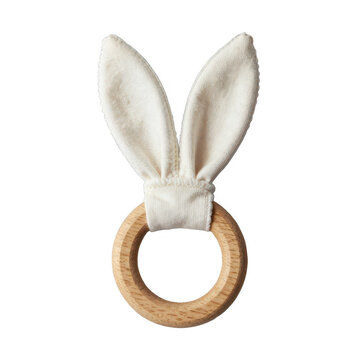 Wooden baby teether with bunny ears isolated on black