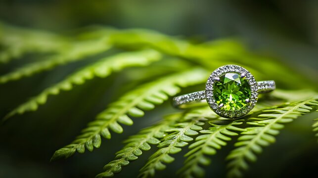 Peridot Green Gemstone Ring on Fern Leaves for social media