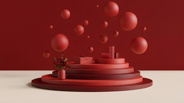 Abstract red spheres and geometric platform floating in a minimalist studio setting