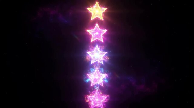 Vertical sequence of five sparkling stars revealing with a subtle particle burst and soft glow effect on black