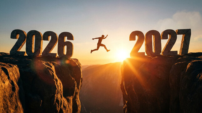 A silhouette of a person jumping across a gap between the years 2026 and 2027 at sunset