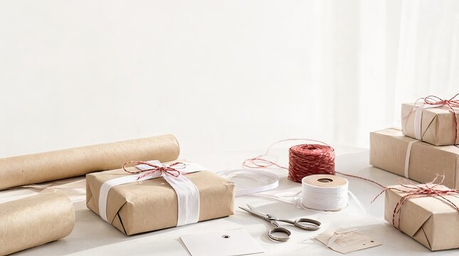 Minimal Scandinavian Style Christmas Gift Wrapping Setup on a White Table With Copy Space Above