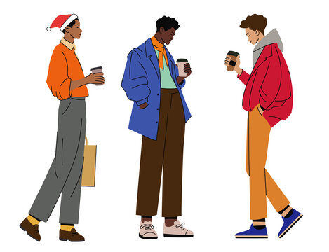 3 set of black people man drinking cofe with street style outfit PNG
