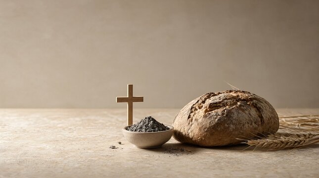Minimalist Lent Season Still Life with Brown Bread Bowl of Ashes and Wooden Cross Tabletop Setup.