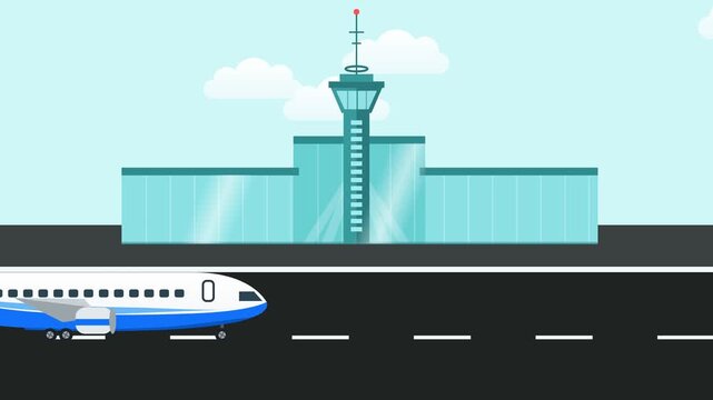 Seamless looping flat vector animation of a modern airport. A passenger airplane taxis along the runway in front of a glass terminal building and air.