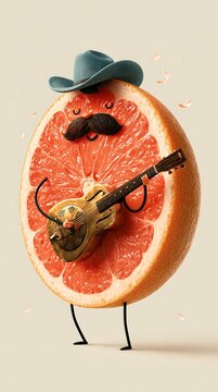 Whimsical half grapefruit character in a slate cowboy hat with a black moustache strumming a metal resonator guitar, quirky food mascot for cafe menus and ads