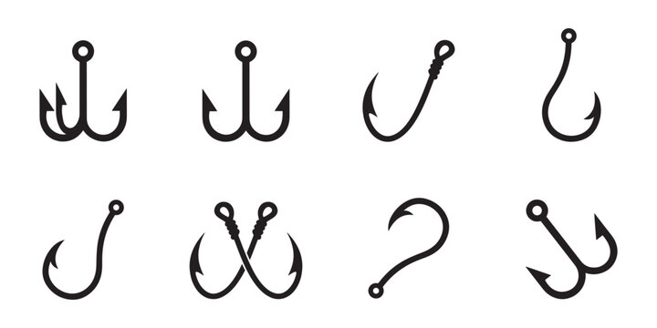 Fishing Hook Vector Icon Collection with Angling Silhouettes, Sharp Hook Shapes and Outdoor Fishing Logo Elements