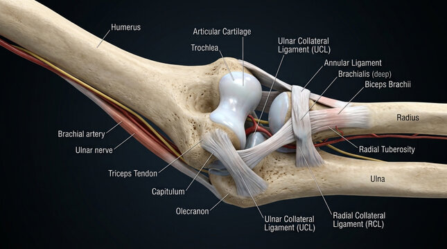 Anatomical view of the human elbow joint showing bones ligaments and tendons with labels