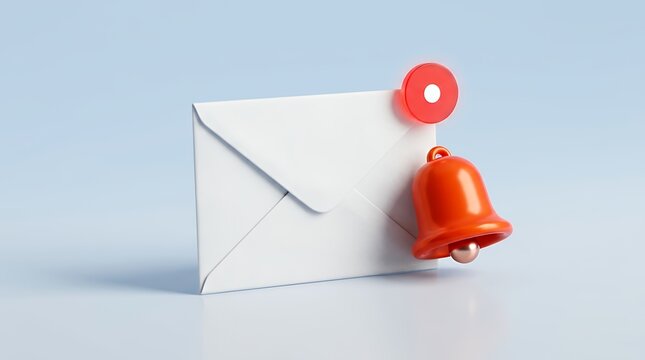 Modern minimalist 3D renderingwhite envelope mail letter paired with vibrant notification bell symbol representing incoming unread email message alert digital inbox notice reminder email
