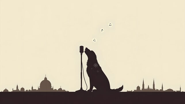 Dog silhouette singing into a vintage standing microphone, drifting music notes, city skyline, cream backdrop, minimal vector art, Halloween concert poster