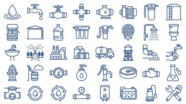 Water supply and sanitation icon collection featuring purification, storage, distribution, plumbing systems, hygiene infrastructure, utility management, outline illustrations.