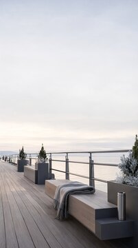Minimalist Timber Decking Promenade Overlooking Calm Sea at Dawn During a Subtle Winter Holiday.