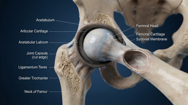 Detailed medical diagram of human hip joint anatomy with labels showing bone and cartilage