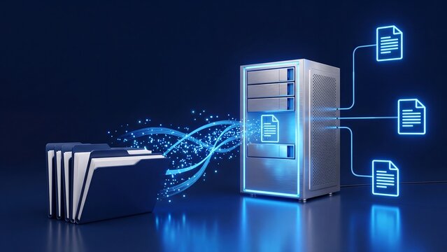 Data server and file migration concept 3D illustration. Includes folder icon, mainframe server tower, glowing digital light stream, and document nodes. Modern network technology visual.