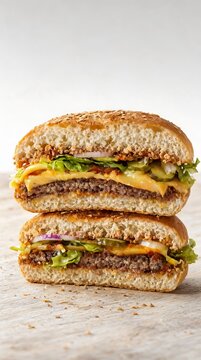 Macro Studio Shot Stacked Melted Cheese Burger Cross Section Revealed on a Textured Rustic Board