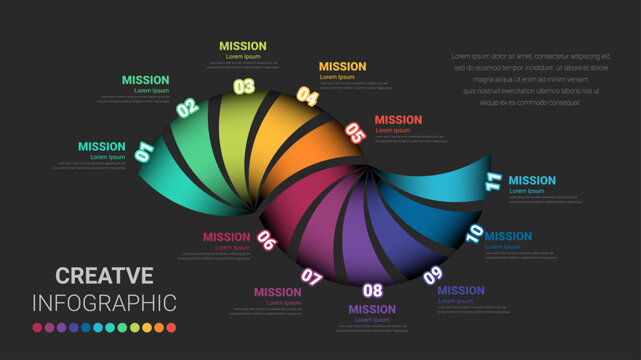 Creative infographic mission planning with colorful segments, numbered steps, and vibrant design for business strategy presentation